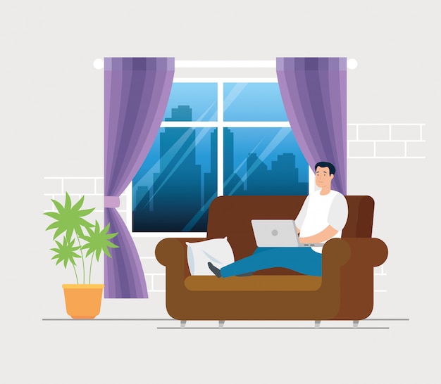 Free Vector | Scene man working at home in living room