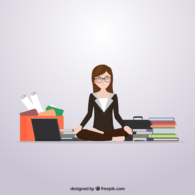 Scene of business woman meditating before\
work