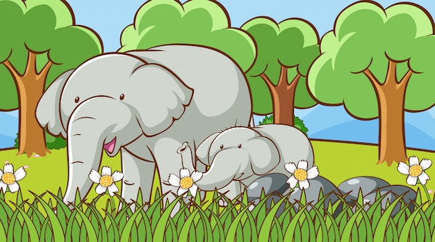 公園で象とのシーン 無料のベクター