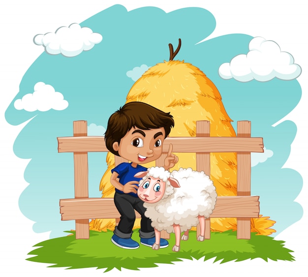 Download Scene with farmboy and little sheep on the farm | Free Vector