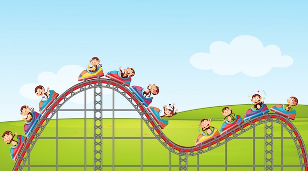 Free Vector | Scene with happy monkeys riding roller coaster in the park
