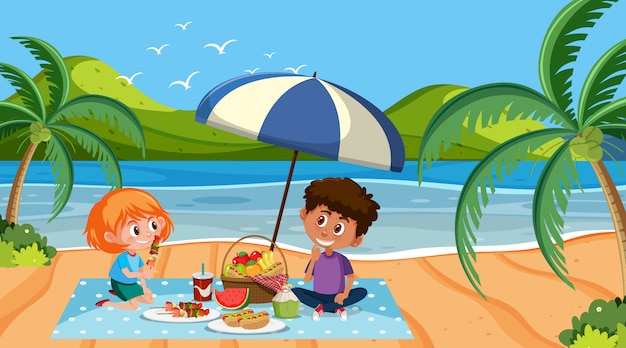 Premium Vector | Scene with kids having picnic on the beach