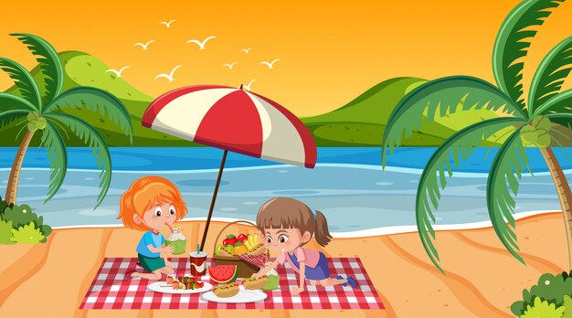 Premium Vector | Scene with kids having picnic on the beach