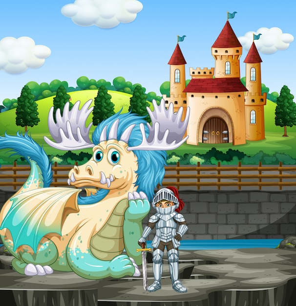 Premium Vector Scene With Knight And Dragon At The Castle