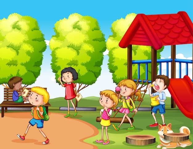 Scene with many children playing in the park | Free Vector