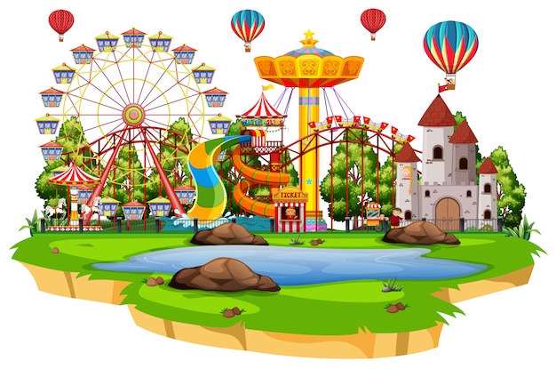 Scene with many rides in the funpark on white background | Free Vector