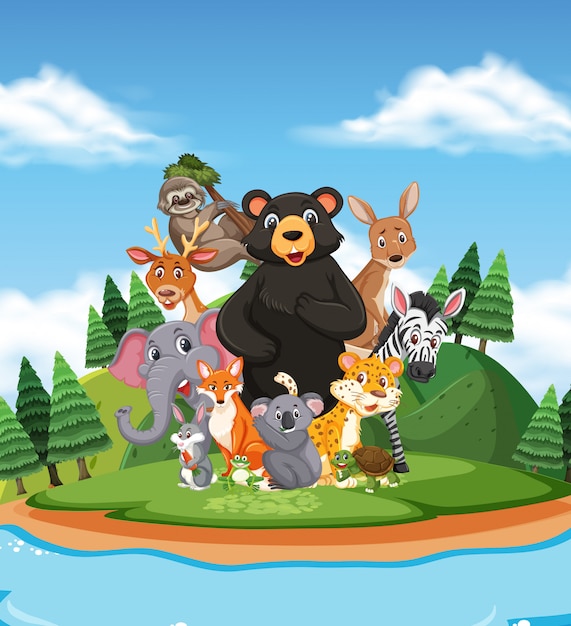 Premium Vector | Scene with many wild animals in the park