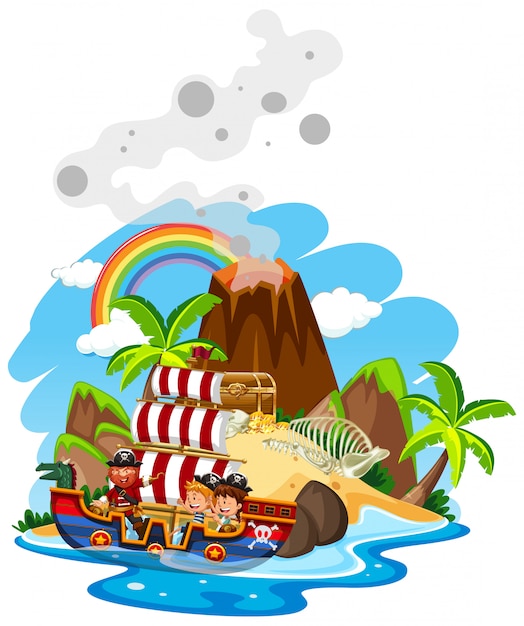 Free Vector Scene With Pirate And Kids Sailing In The Ocean