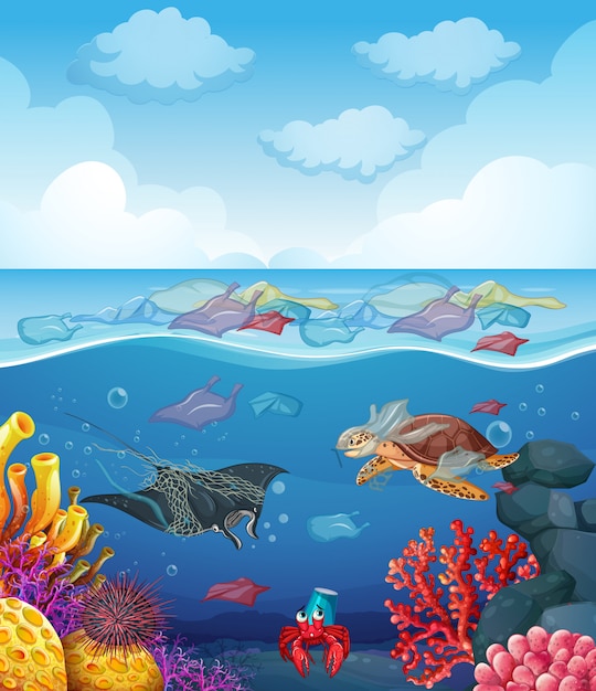 海の動物と海のゴミのシーン 無料のベクター