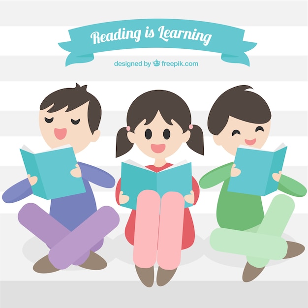 Scene with three happy children reading