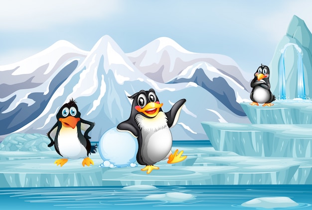 無料のベクター 氷の上の3つのペンギンのシーン