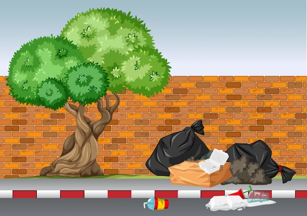 Scene with trash under the tree Free Vector
