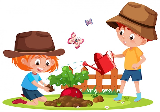 Premium Vector | Scene with two kids planting vegetable in the garden