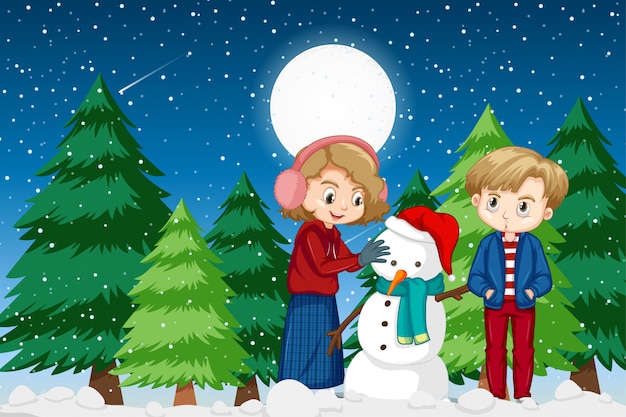 Download Scene with two kids and snowman on winter night | Free Vector