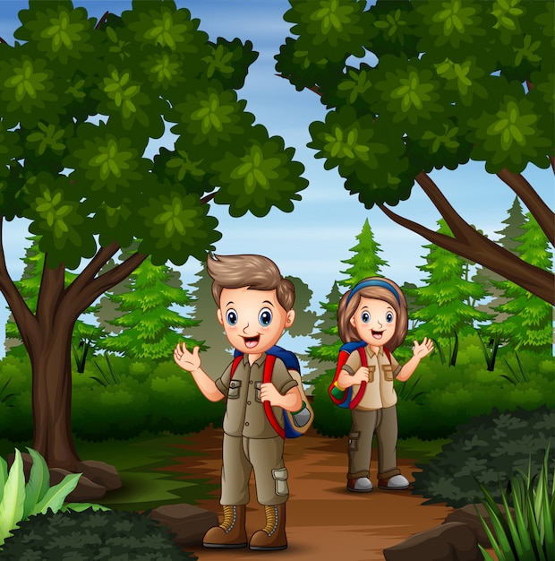 Premium Vector | Scene with two scout hiking in the forest