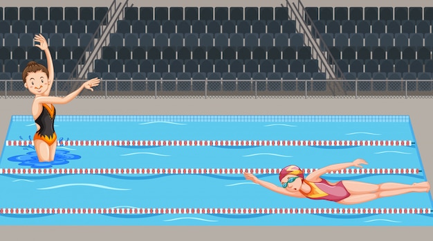 Scene with two swimmers in the pool Free Vector