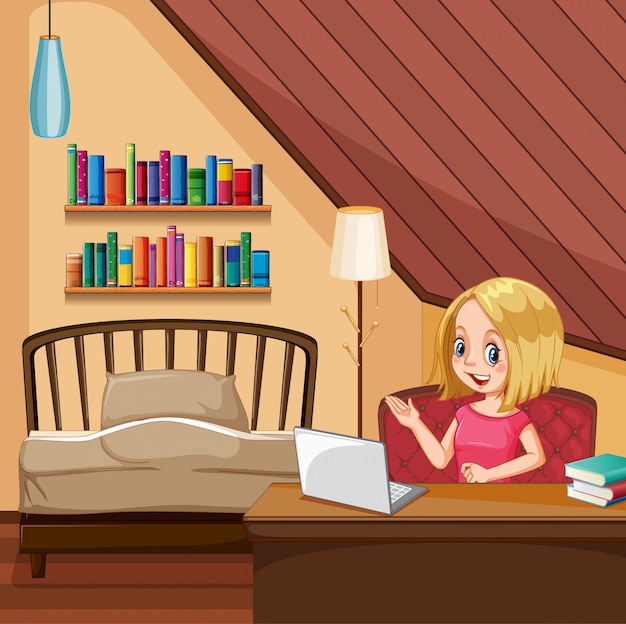 Scene with woman working on computer in the bedroom Free Vector
