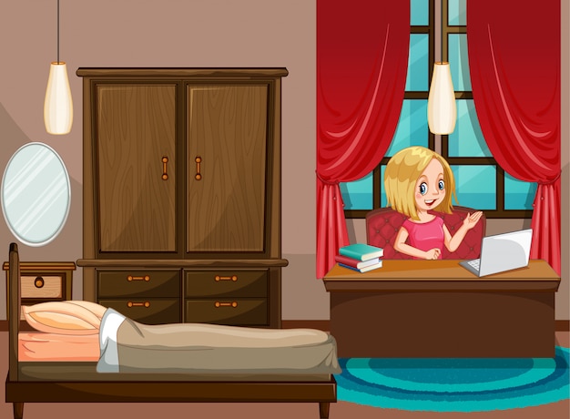 Free Vector | Scene with woman working from home in her bedroom