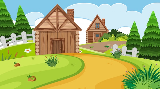 Premium Vector | Scene with wooden cottage in the field