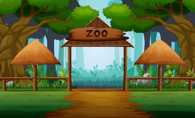 Premium Vector | Scene with zoo entrance in forest background