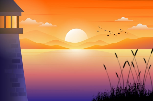 カラフルな美しい夕焼け空と海の風景イラストと灯台の風景 プレミアムベクター