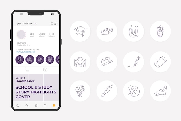 Instagramのソーシャルメディアのハイライトストアカバーのために設定された学校と研究の落書きアイコンイラスト プレミアムベクター