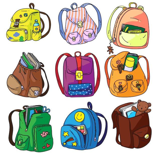 Download Premium Vector School Backpack Cartoon School Backpack Set On White Background Student Satchel Or Schoolbag Collection Pupil Rucksack Icon Bundle With Education And Study Supply Illustration