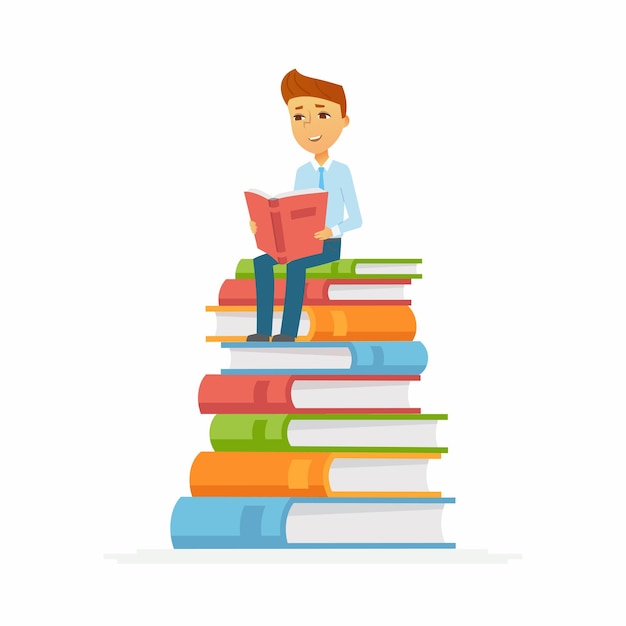 Premium Vector | School boy character of happy kid sitting on books