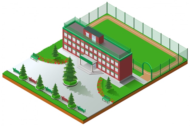 校舎建築と学校スタジアム等尺性 プレミアムベクター