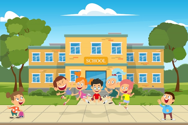 Premium Vector | School building and children in the front yard of the ...