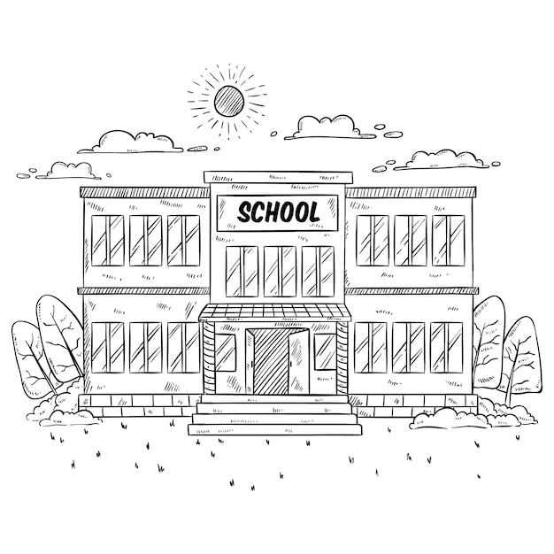 Premium Vector | School building illustration with hand drawn or ...