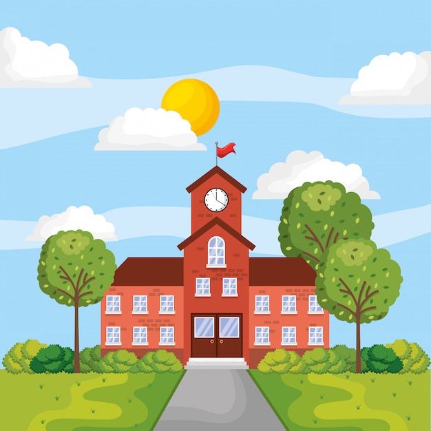 Premium Vector | School building between park