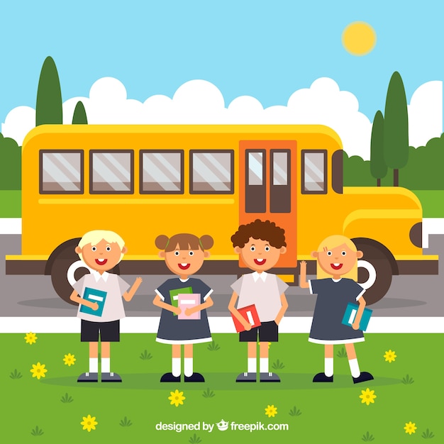 School bus and smiley students with flat design Vector | Free Download