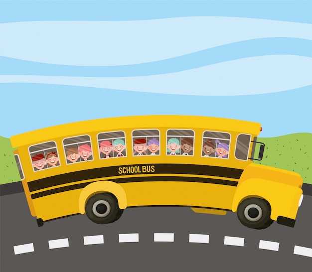 Free Vector School Bus With Kids In The Road