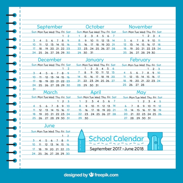 Free Vector School calendar sheet of notebook in flat design