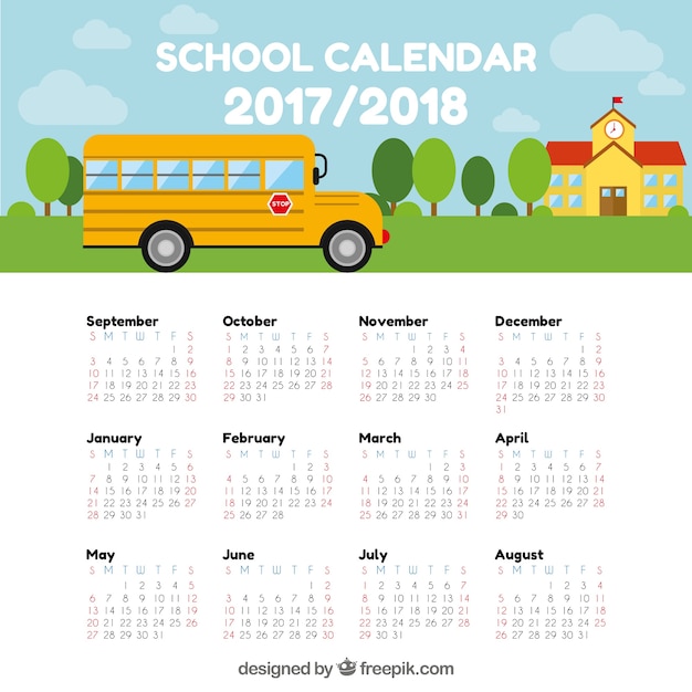 School calendar with bus and building Vector Free Download