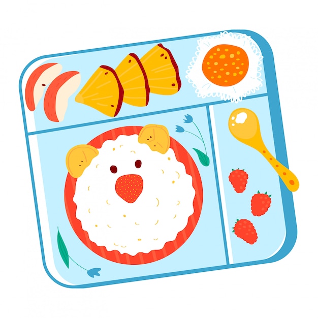 学校の子供たちアジア和風お弁当 白 漫画イラストで隔離の子供ボックスの健康的な朝食 食材ご飯はクマの頭 プレミアムベクター