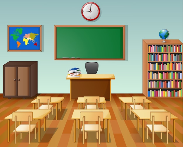 Premium Vector | School classroom interior with chalkboard and desk