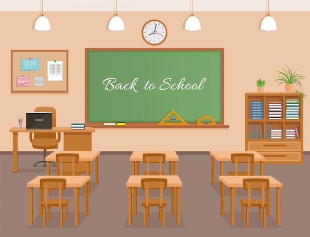 School Classroom With Chalkboard Student Desks And Teacher S