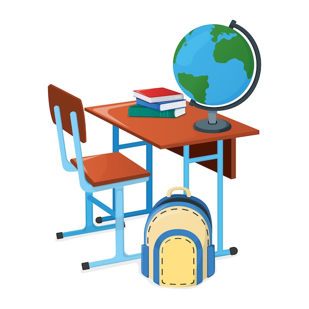 Premium Vector | School desk with textbook, school backpack and globe