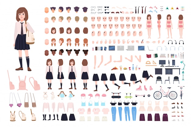 School girl constructor or diy kit. set of young female character body parts, facial expressions, un
