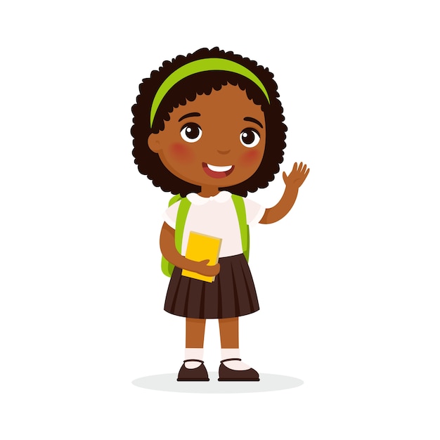 学校の女の子 幸せな学生フラットベクトルイラスト 本とバックパックの分離の漫画のキャラクターと手を振っている女の子 小学生 陽気なアフリカ系アメリカ人の若い女性 学校に戻る プレミアムベクター