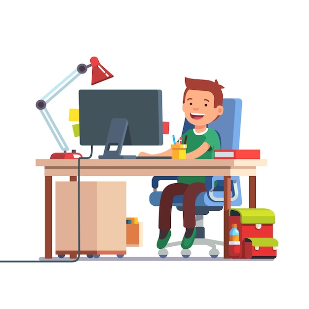 School kid boy studying in front of the computer Vector | Free Download