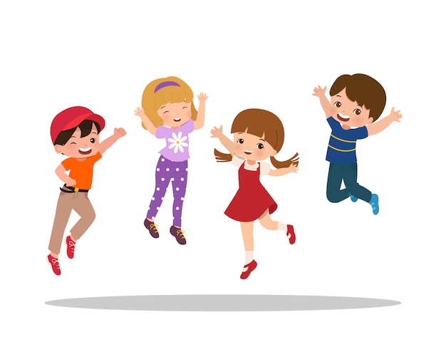 Premium Vector School Kids Boys And Girls Jumping With Happy Face Children Feeling Excited Set Flat Style Cartoon Isolated On White