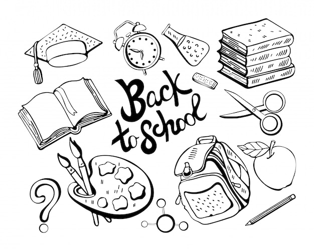 Premium Vector School Monochrome Set In Vector Black And White Various School Supplies Subjects For Study Books Textbooks Pencil Eraser Briefcase Isolated On White Background Lettering Back To School