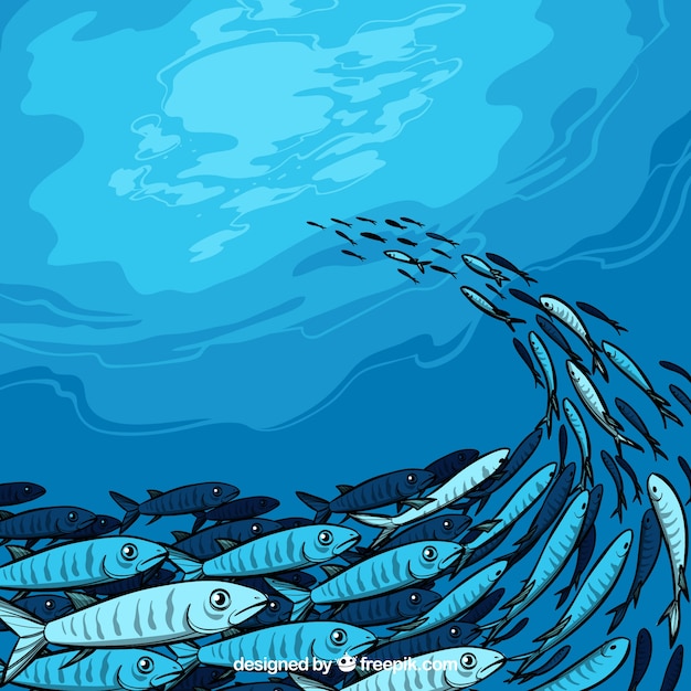 School of fishes background in hand drawn
style
