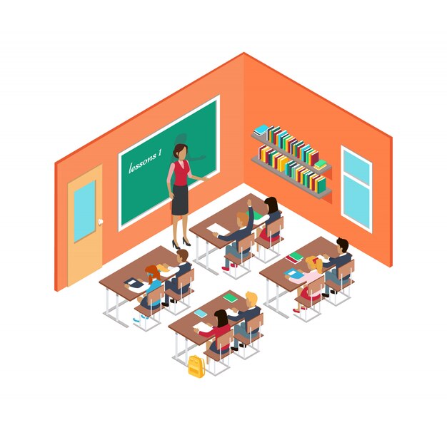 School Room With Teacher And Children At Desks Vector Premium