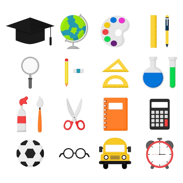 School supplies. bus, calculator, magnifier, eraser, pens, brush, scissors, ruler, notebook, globe, watercolor, glasses and others. education items isolated Premium Vector