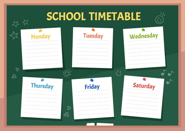 すべての科目のステッカーノート付きの緑の教室の黒板での時間割クラスのスケジュール プレミアムベクター