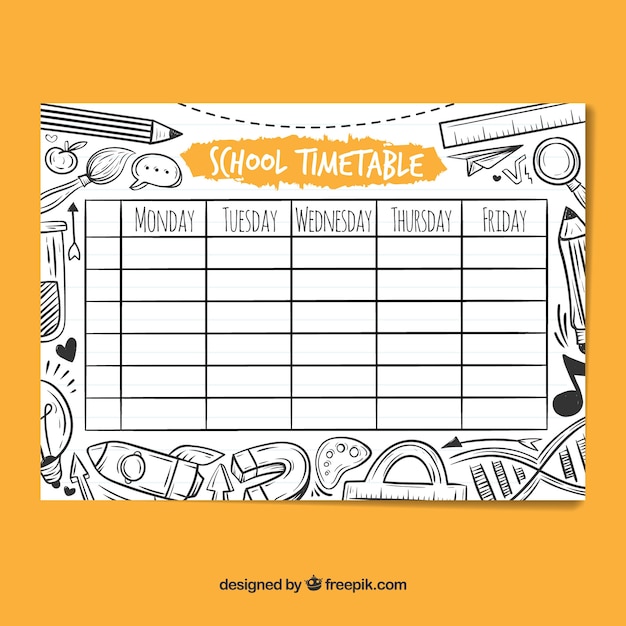 School timetable template with hand drawn style